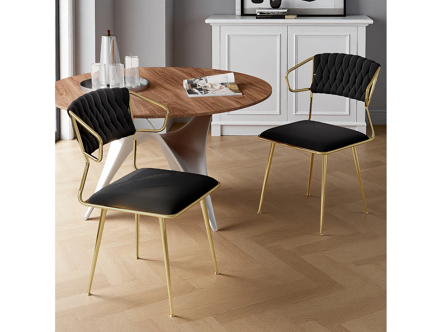 Lot de 2 chaises de salle à manger avec accoudoirs et dossier - avec pieds en métal or - tissu en velours, Scandinave - noir