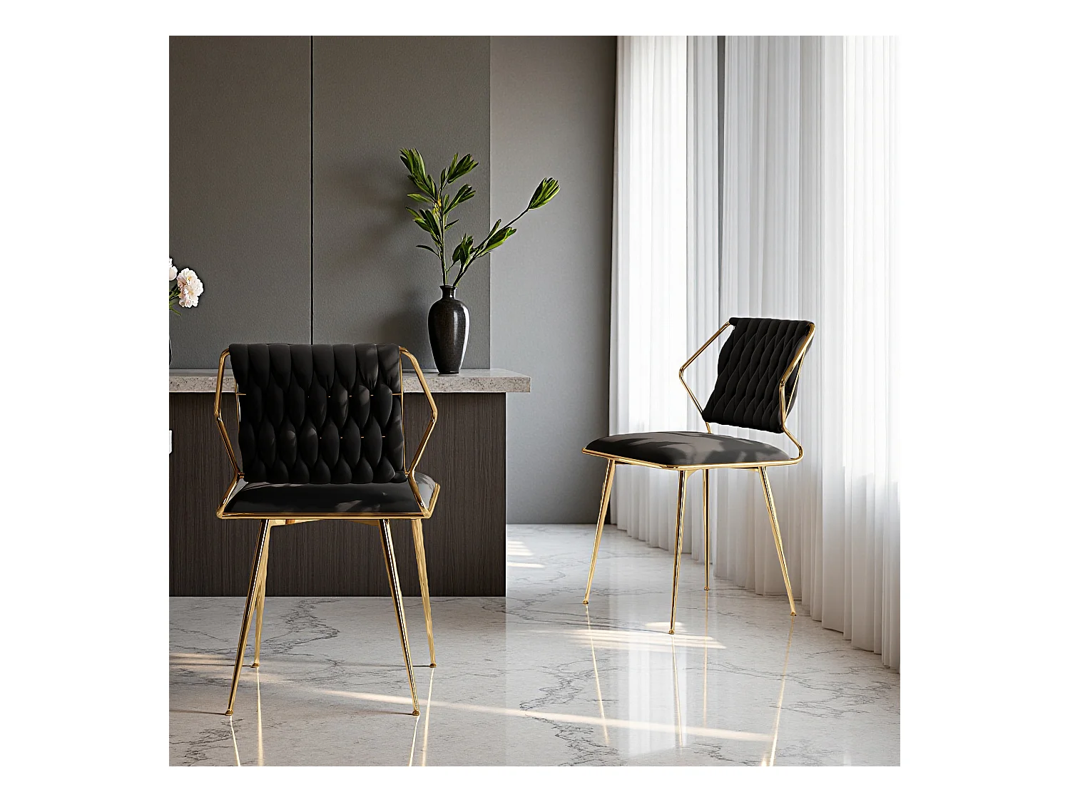 Lot de 2 chaises de salle à manger - chaise au dosseret et accoudoir - avec pieds en métal or - tissen velours - Scandinave - noir