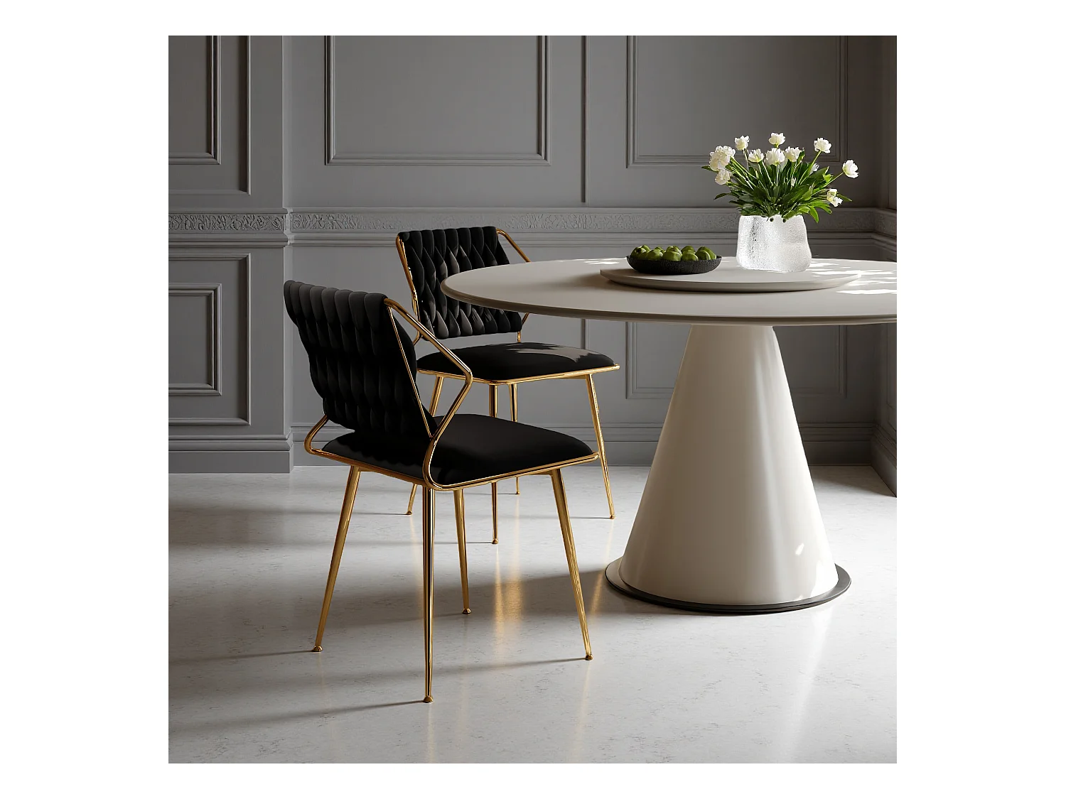 Lot de 2 chaises de salle à manger - chaise au dosseret et accoudoir - avec pieds en métal or - tissen velours - Scandinave - noir