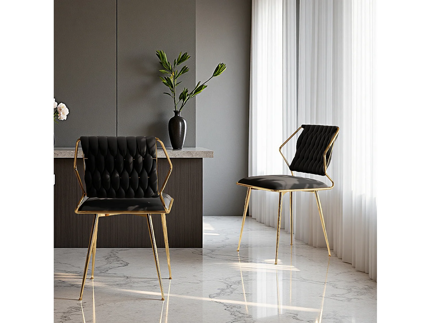 Lot de 2 chaises de salle à manger - chaise au dosseret et accoudoir - avec pieds en métal or - tissen velours - Scandinave - noir