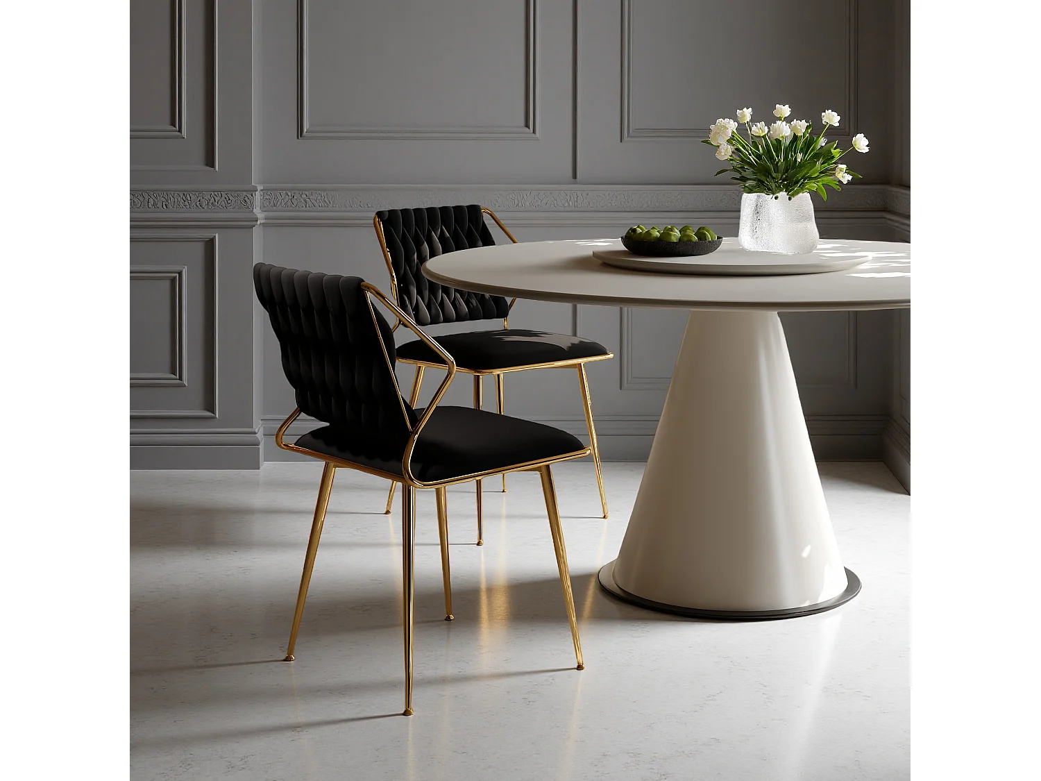 Lot de 2 chaises de salle à manger - chaise au dosseret et accoudoir - avec pieds en métal or - tissen velours - Scandinave - noir