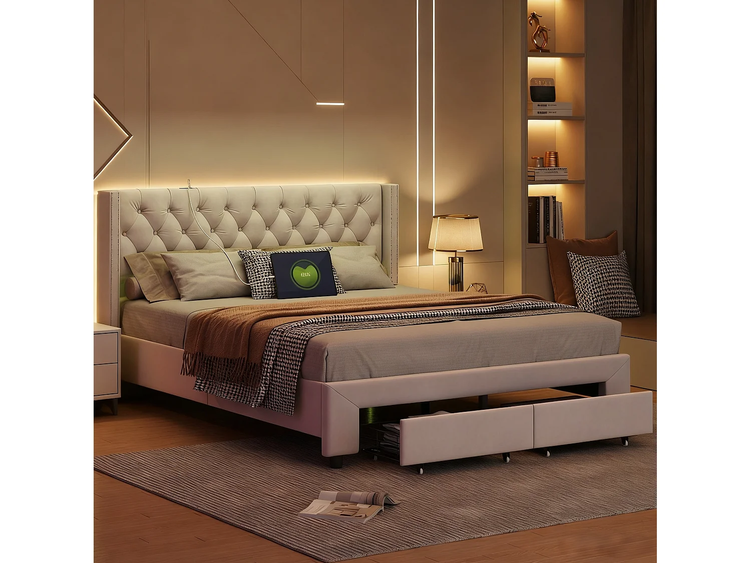 Lit tiroir 160x200 cm avec LED et USB - lit adulte 160x200 cm - cadre de lit double 160x200 cm avec sommier à lattes - tissu en velours - beige