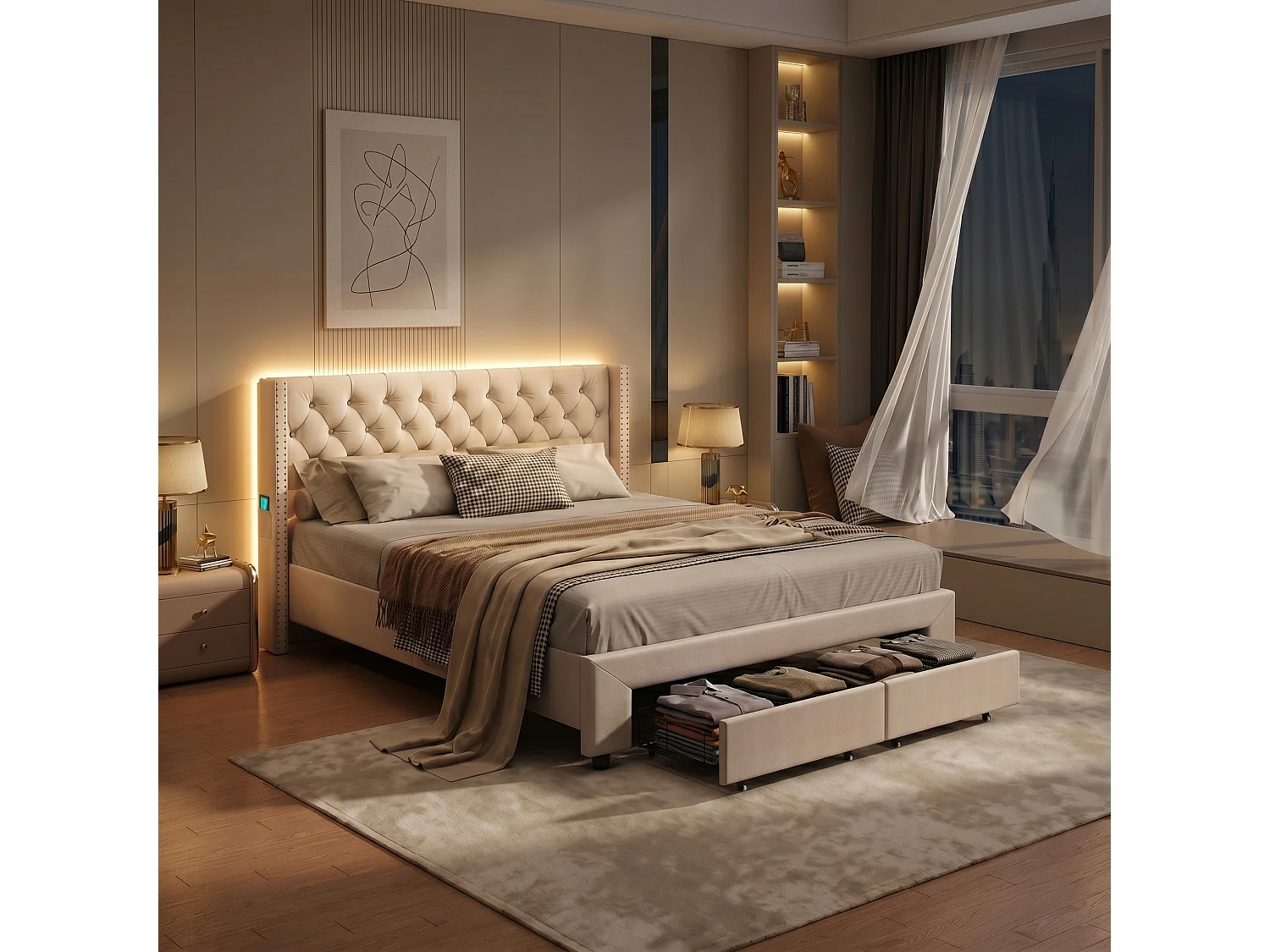 Lit double 160 x 200 cm - Lit adulte avec sommier à lattes, tiroirs de rangement, LED et port USB - tissu velours beige