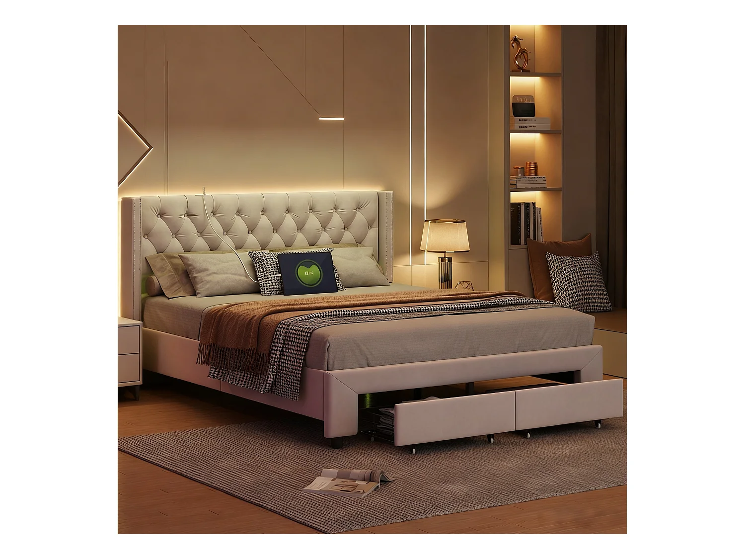 Lit tiroir 180x200 cm avec LED et USB - lit adulte 180x200 cm - cadre de lit double 180x200 cm avec sommier à lattes - tissu en velours - beige