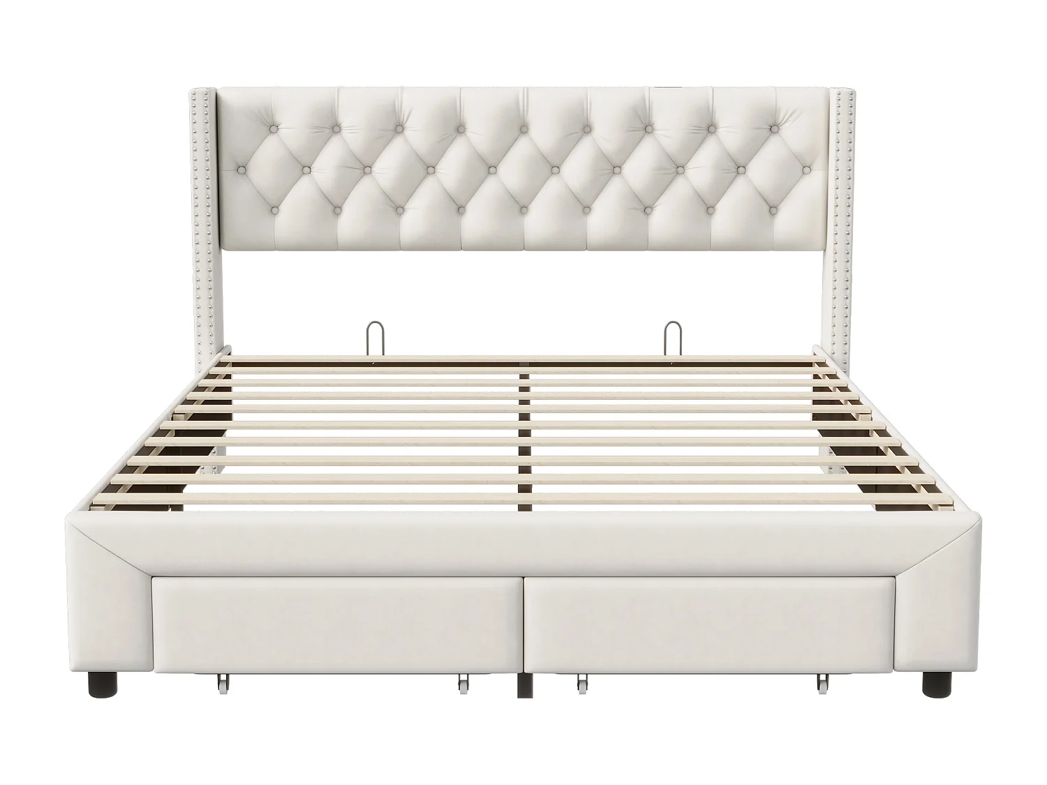 Lit tiroir 180x200 cm avec LED et USB - lit adulte 180x200 cm - cadre de lit double 180x200 cm avec sommier à lattes - tissu en velours - beige