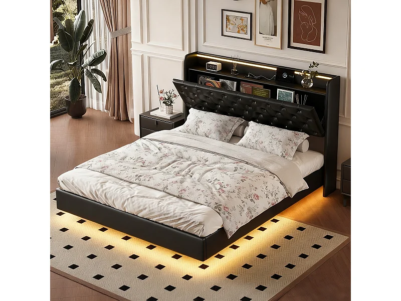 Lit flottant 160x200 cm avec sommier à lattes - cadre de lit coffre 160x200 cm avec LED et USB - Lit adulte 160x200 cm soldes - tissu en PU - noir