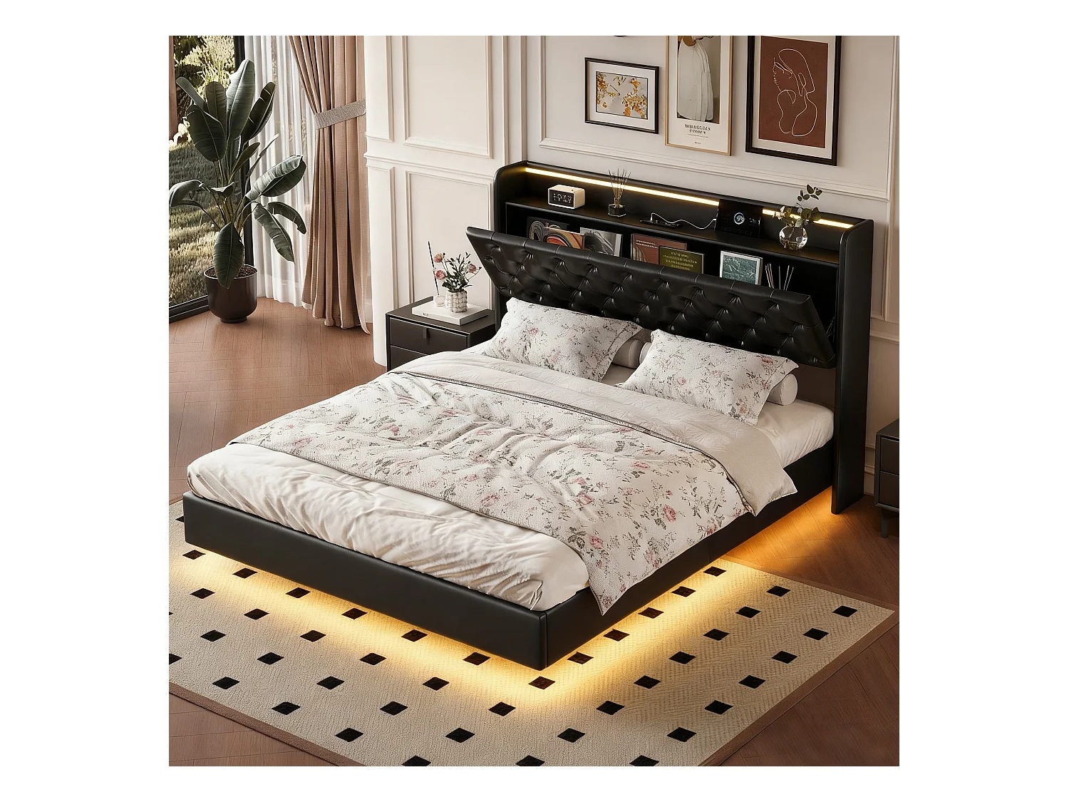 Lit flottant 160x200 cm avec sommier à lattes - cadre de lit coffre 160x200 cm avec LED et USB - Lit adulte 160x200 cm soldes - tissu en PU - noir
