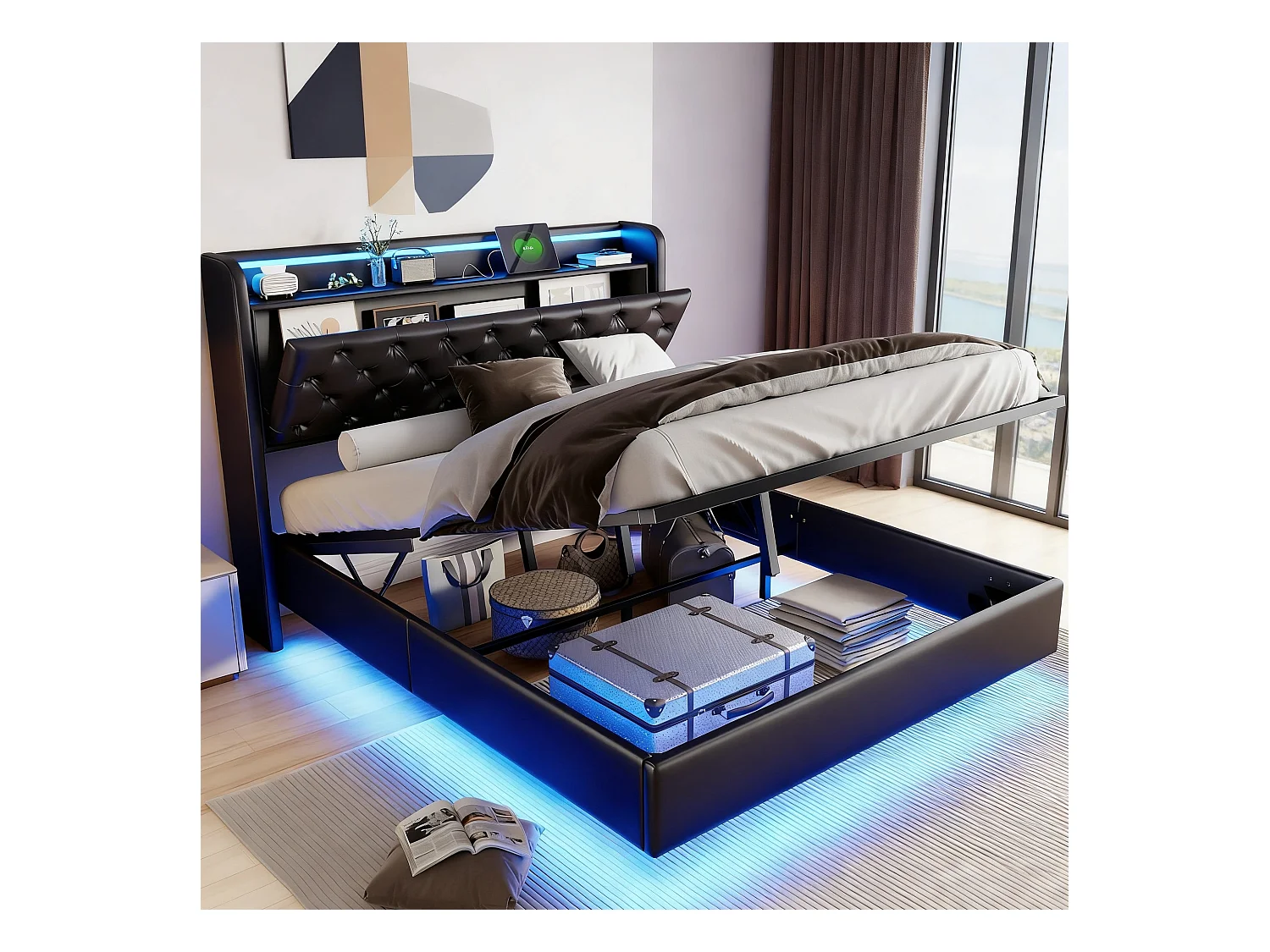 Lit flottant 160x200 cm avec sommier à lattes - cadre de lit coffre 160x200 cm avec LED et USB - Lit adulte 160x200 cm soldes - tissu en PU - noir