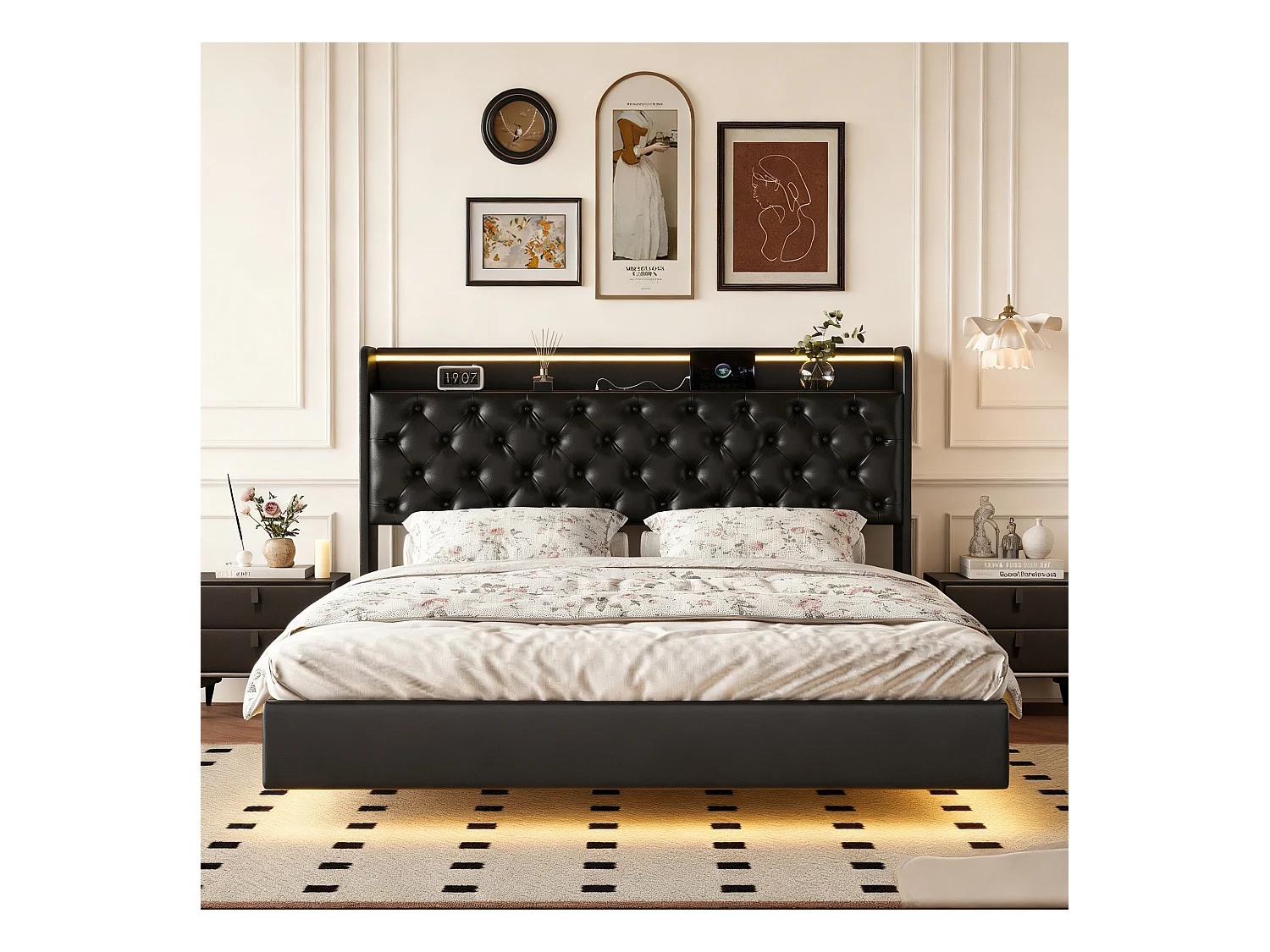 Lit flottant 160x200 cm avec sommier à lattes - cadre de lit coffre 160x200 cm avec LED et USB - Lit adulte 160x200 cm soldes - tissu en PU - noir