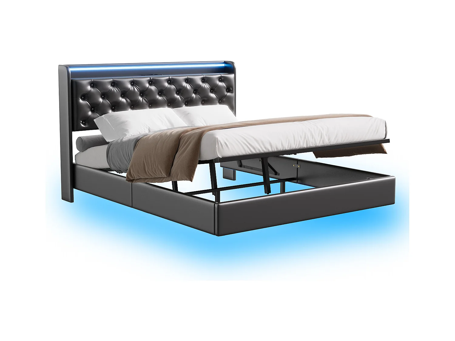 Lit flottant 160x200 cm avec sommier à lattes - cadre de lit coffre 160x200 cm avec LED et USB - Lit adulte 160x200 cm soldes - tissu en PU - noir