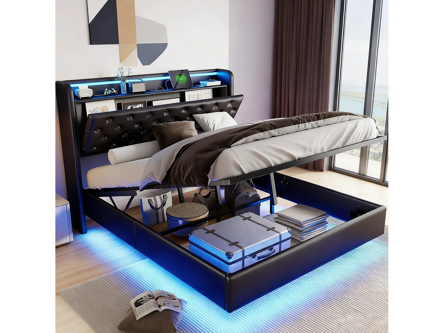 Lit flottant 160x200 cm avec sommier à lattes - cadre de lit coffre 160x200 cm avec LED et USB - Lit adulte 160x200 cm soldes - tissu en PU - noir