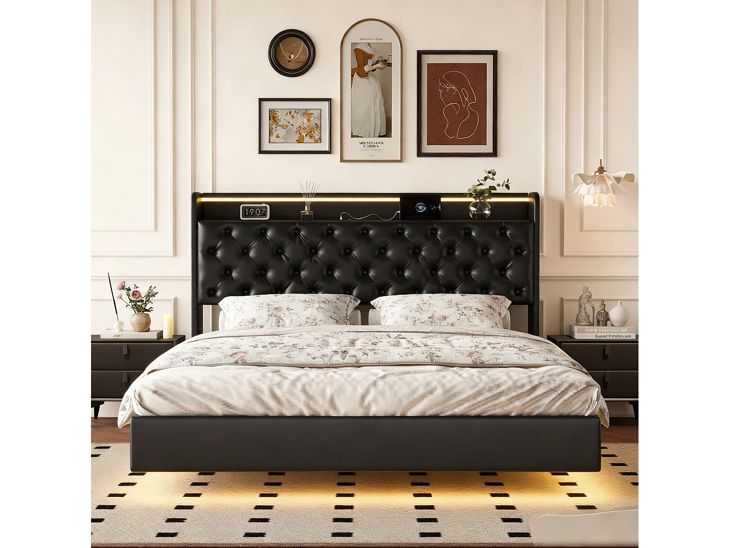 Lit flottant 160x200 cm avec sommier à lattes - cadre de lit coffre 160x200 cm avec LED et USB - Lit adulte 160x200 cm soldes - tissu en PU - noir