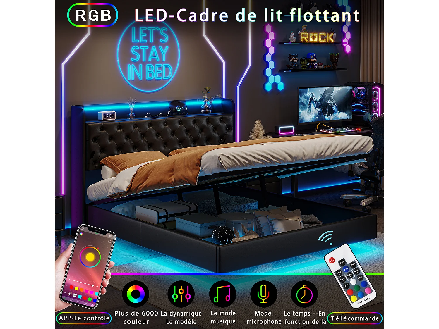 Lit coffre flottant 160x200 cm avec sommier à lattes, cadre de lit adulte en PU noir avec LED et USB, rangement intégré, sans matelas
