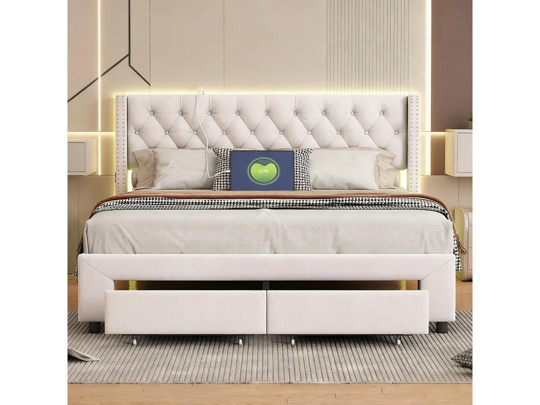Lit tiroir 140x190 cm avec LED et USB - lit adulte 140x190 cm - cadre de lit double 140x190 cm avec sommier à lattes - tissu en velours - beige