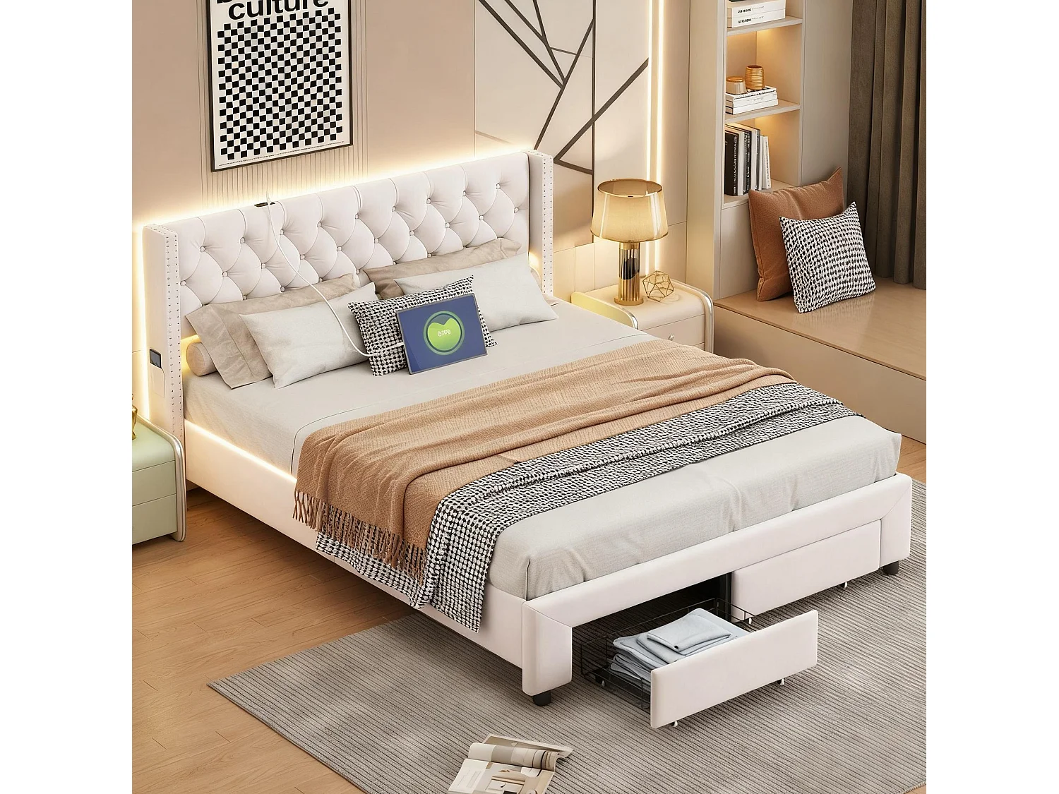 Lit tiroir 140x190 cm avec LED et USB - lit adulte 140x190 cm - cadre de lit double 140x190 cm avec sommier à lattes - tissu en velours - beige