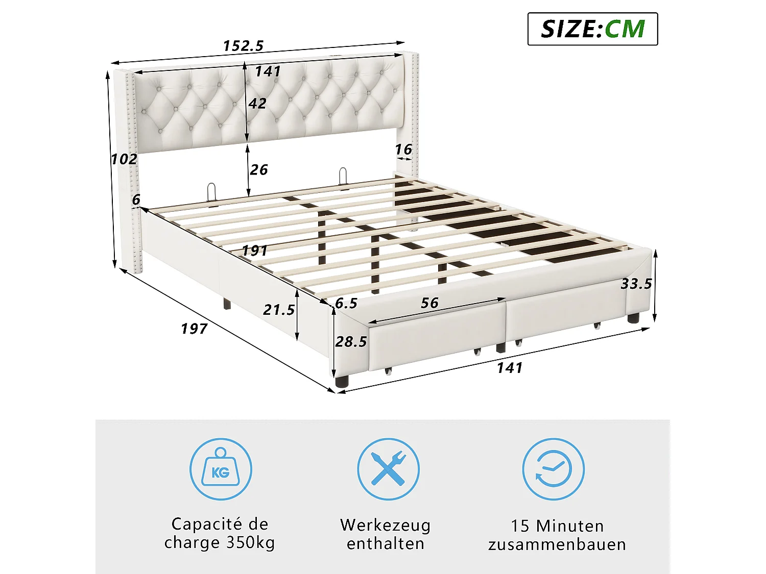 Lit double 140 x 190 cm - Lit adulte avec sommier à lattes, tiroirs de rangement, LED et port USB - tissu velours beige
