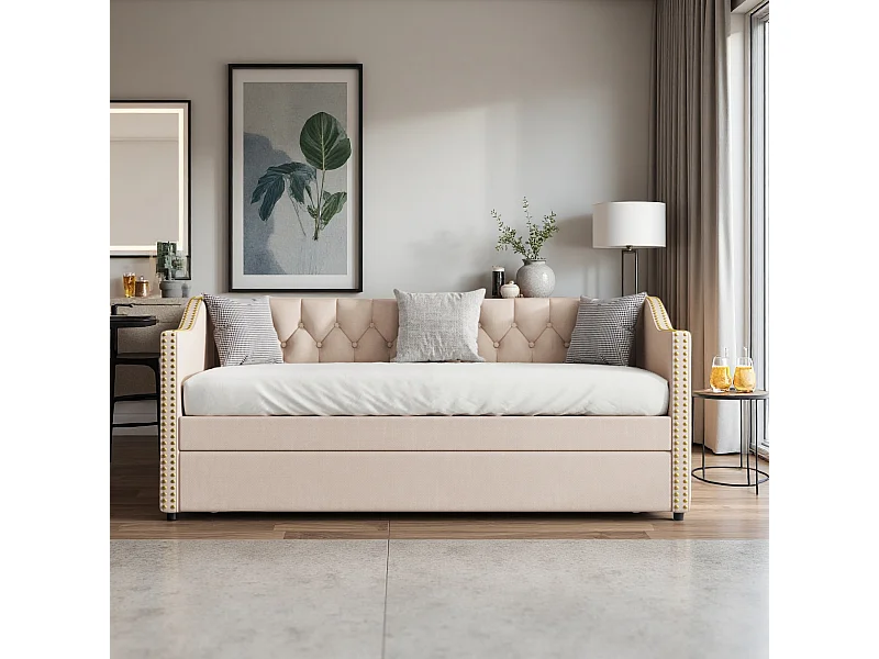 Lit canapé 90x200 cm avec LED et USB - lit adulte 90x200 cm gigogne - cadre de lit double 90x200 cm avec sommier à lattes - tissu en lin - beige