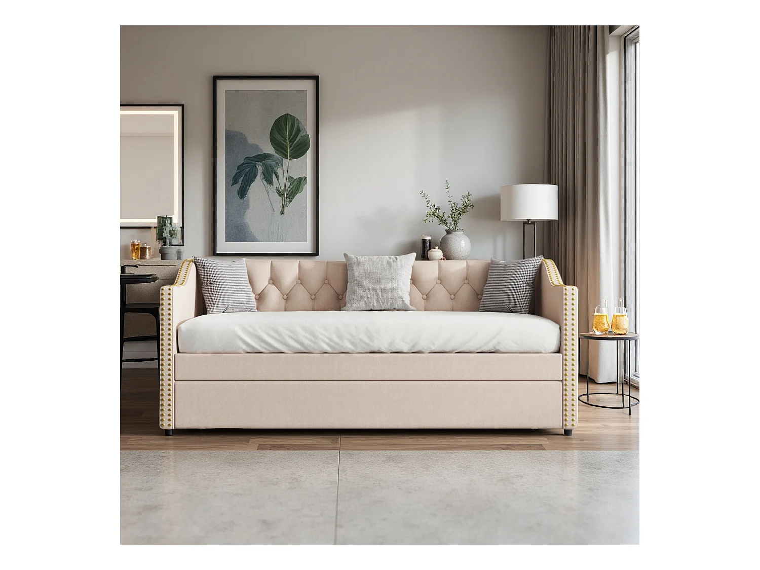 Lit canapé 90x200 cm avec LED et USB - lit adulte 90x200 cm gigogne - cadre de lit double 90x200 cm avec sommier à lattes - tissu en lin - beige