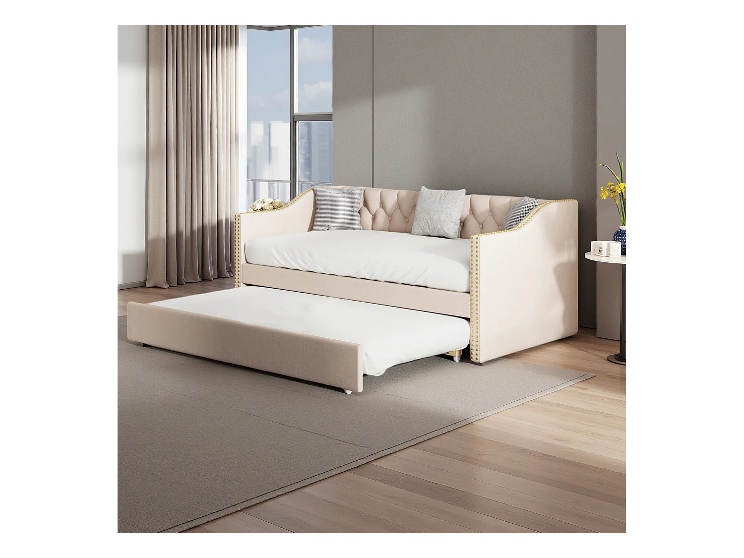 Lit canapé 90x200 cm avec LED et USB - lit adulte 90x200 cm gigogne - cadre de lit double 90x200 cm avec sommier à lattes - tissu en lin - beige