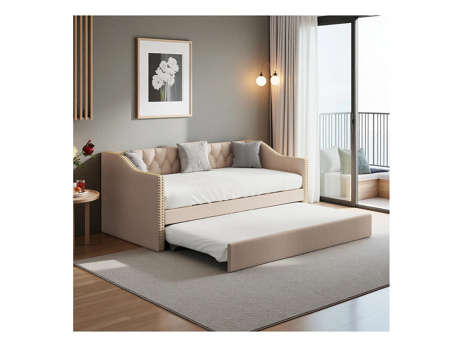 Lit canapé 90x200 cm avec LED et USB - lit adulte 90x200 cm gigogne - cadre de lit double 90x200 cm avec sommier à lattes - tissu en lin - beige
