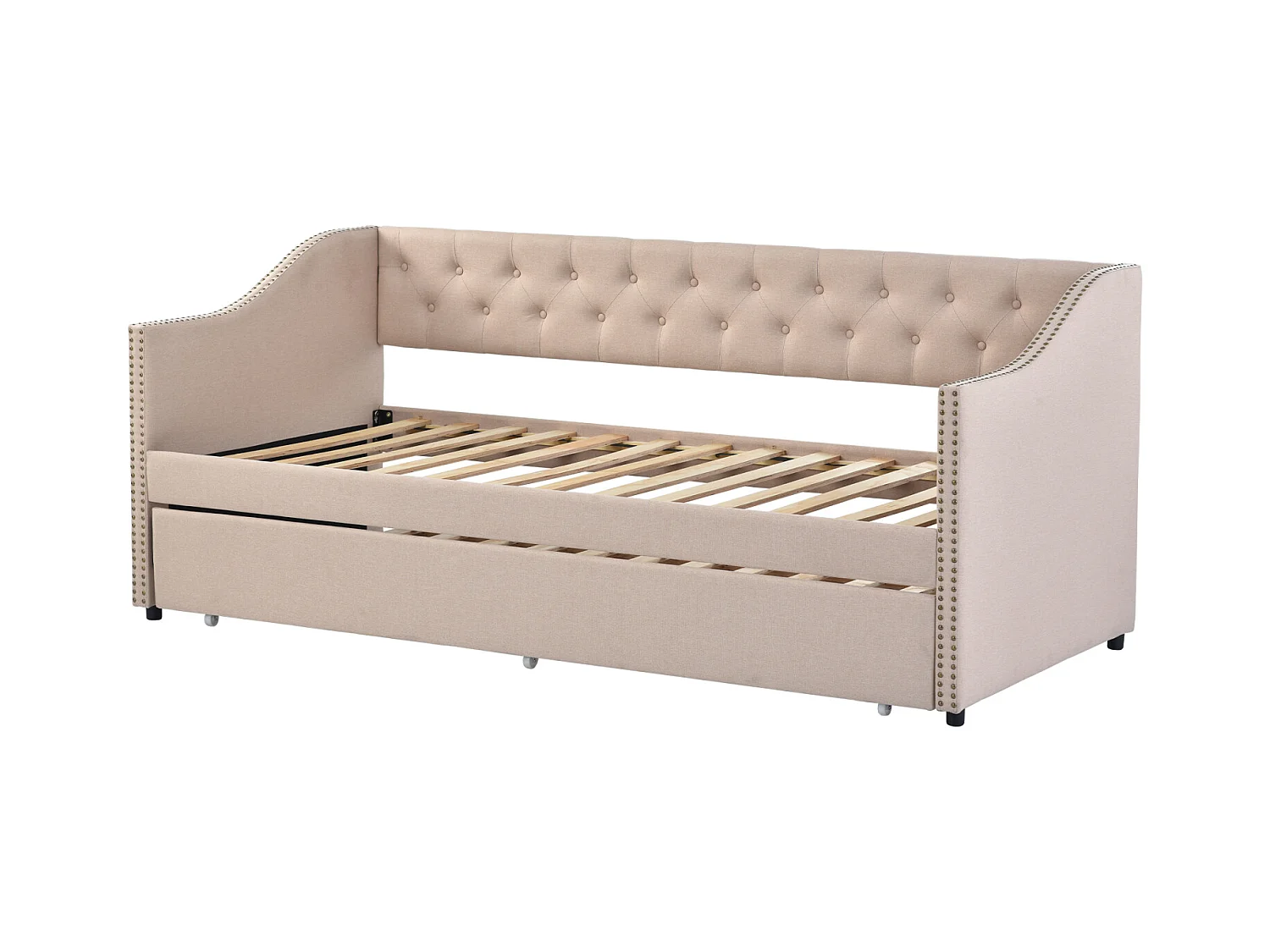 Lit canapé 90x200 cm avec LED et USB - lit adulte 90x200 cm gigogne - cadre de lit double 90x200 cm avec sommier à lattes - tissu en lin - beige