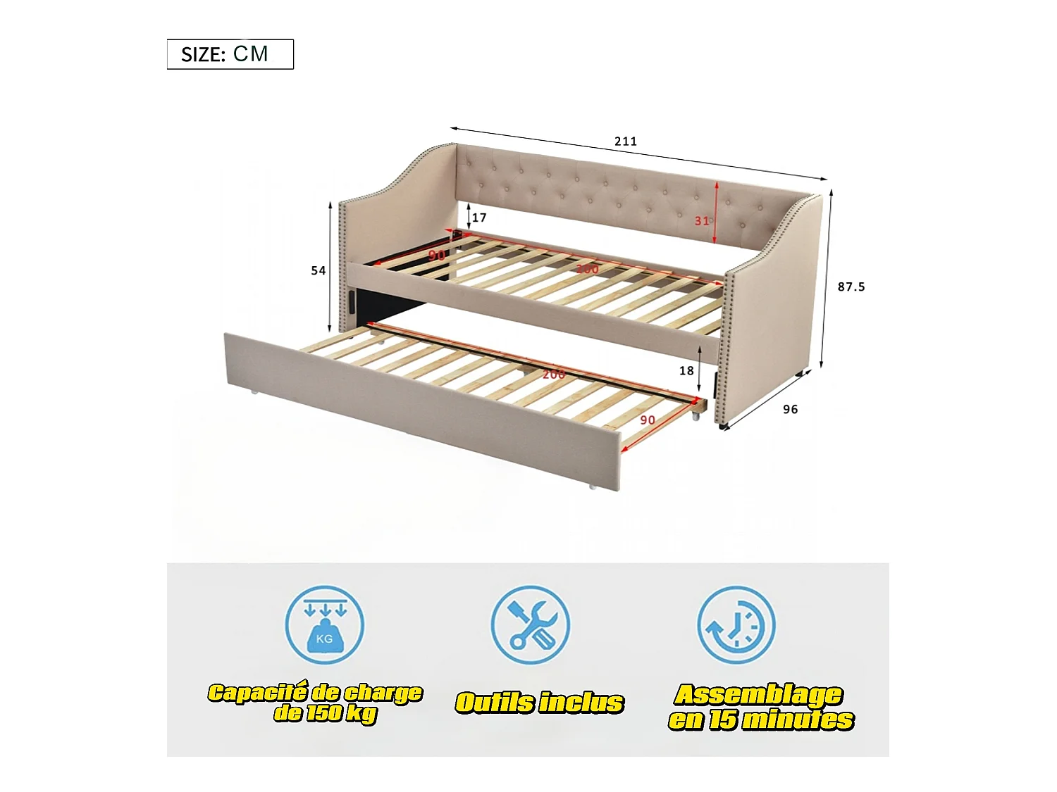 Lit canapé 90x200 cm avec LED et USB - lit adulte 90x200 cm gigogne - cadre de lit double 90x200 cm avec sommier à lattes - tissu en lin - beige