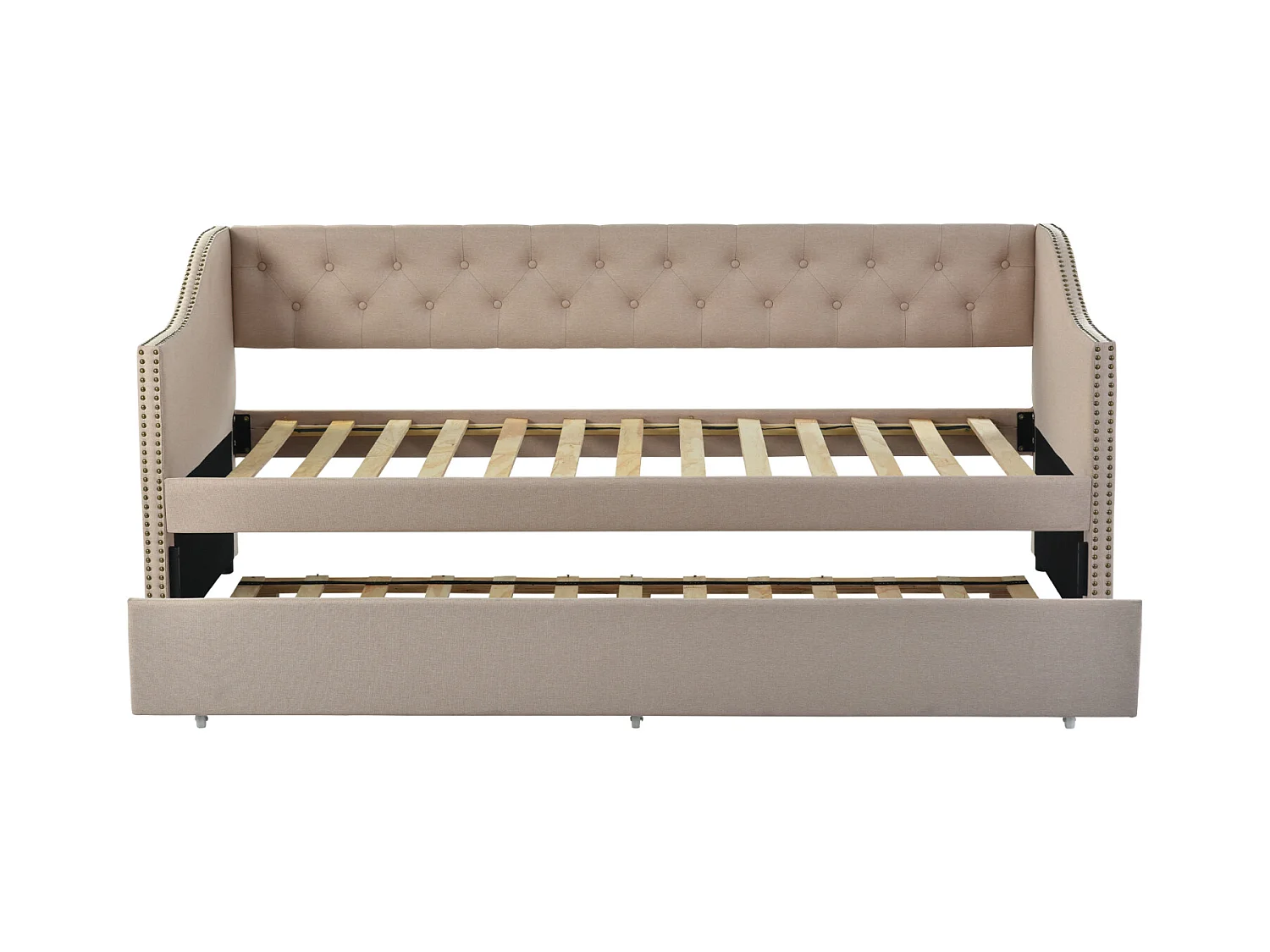 Lit canapé 90x200 cm avec LED et USB - lit adulte 90x200 cm gigogne - cadre de lit double 90x200 cm avec sommier à lattes - tissu en lin - beige