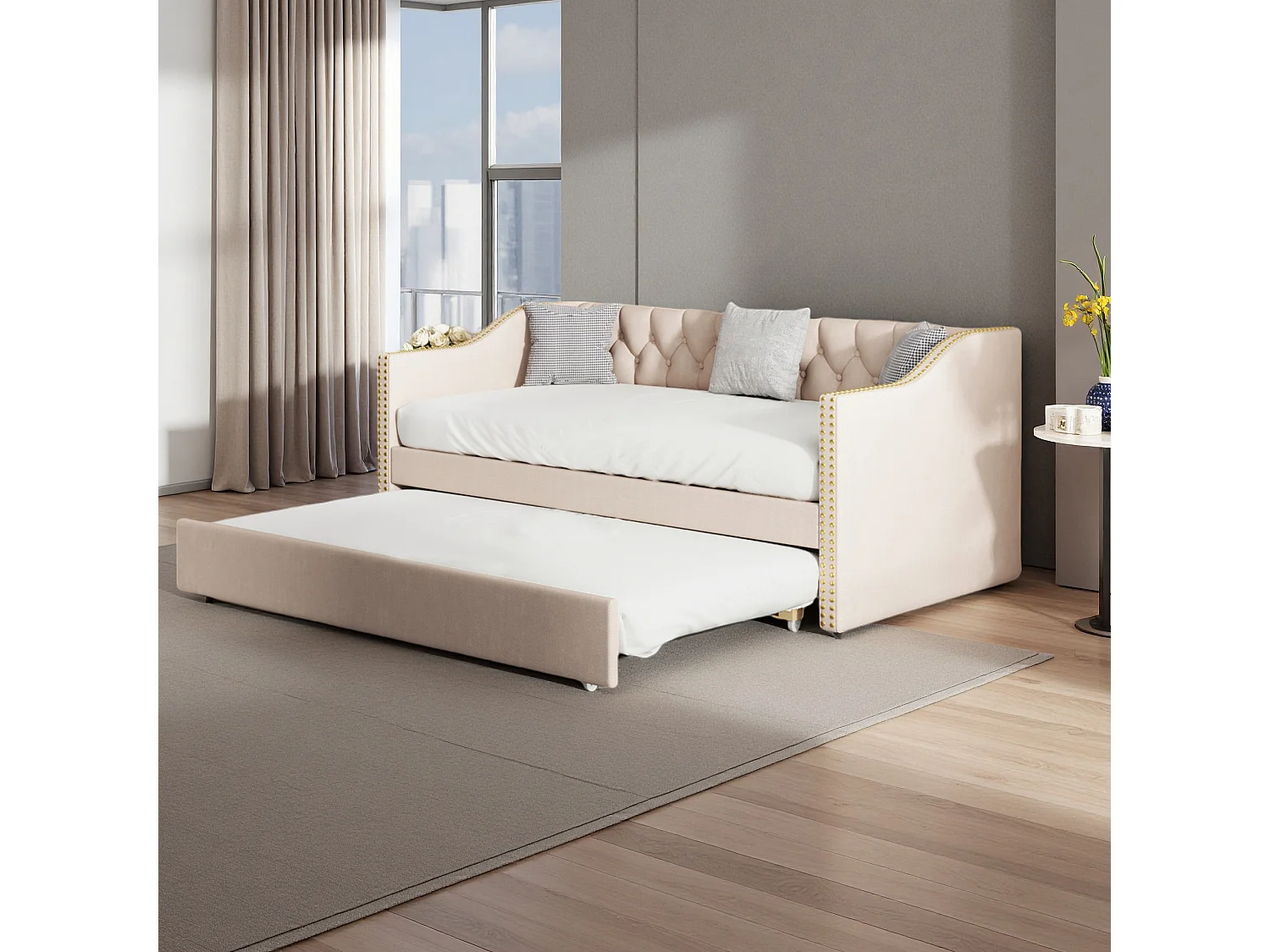 Lit canapé 90x200 cm avec LED et USB - lit adulte 90x200 cm gigogne - cadre de lit double 90x200 cm avec sommier à lattes - tissu en lin - beige