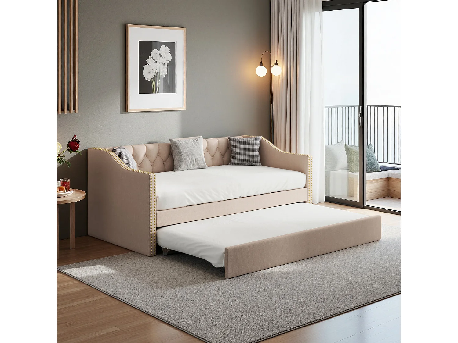 Lit canapé 90x200 cm avec LED et USB - lit adulte 90x200 cm gigogne - cadre de lit double 90x200 cm avec sommier à lattes - tissu en lin - beige