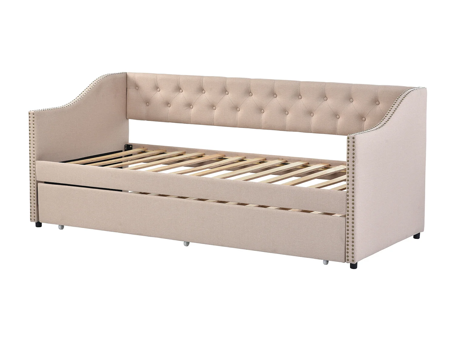 Lit canapé 90x200 cm avec LED et USB - lit adulte 90x200 cm gigogne - cadre de lit double 90x200 cm avec sommier à lattes - tissu en lin - beige