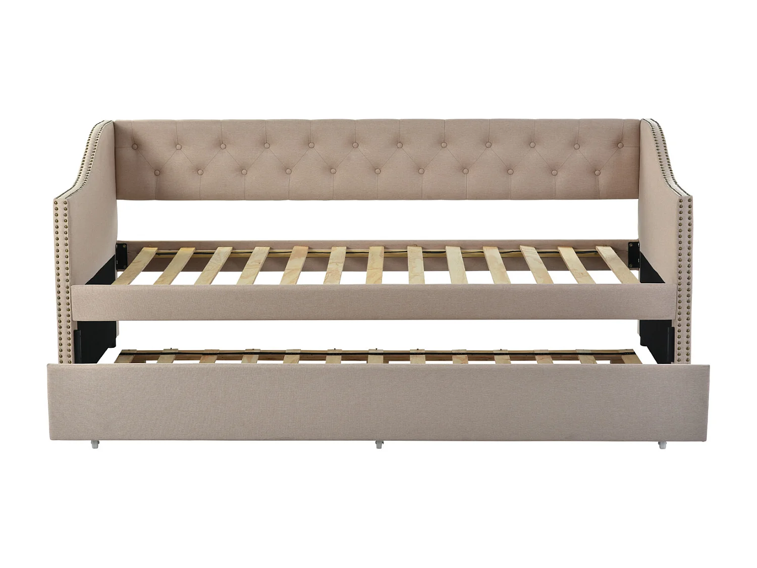 Lit canapé 90x200 cm avec LED et USB - lit adulte 90x200 cm gigogne - cadre de lit double 90x200 cm avec sommier à lattes - tissu en lin - beige