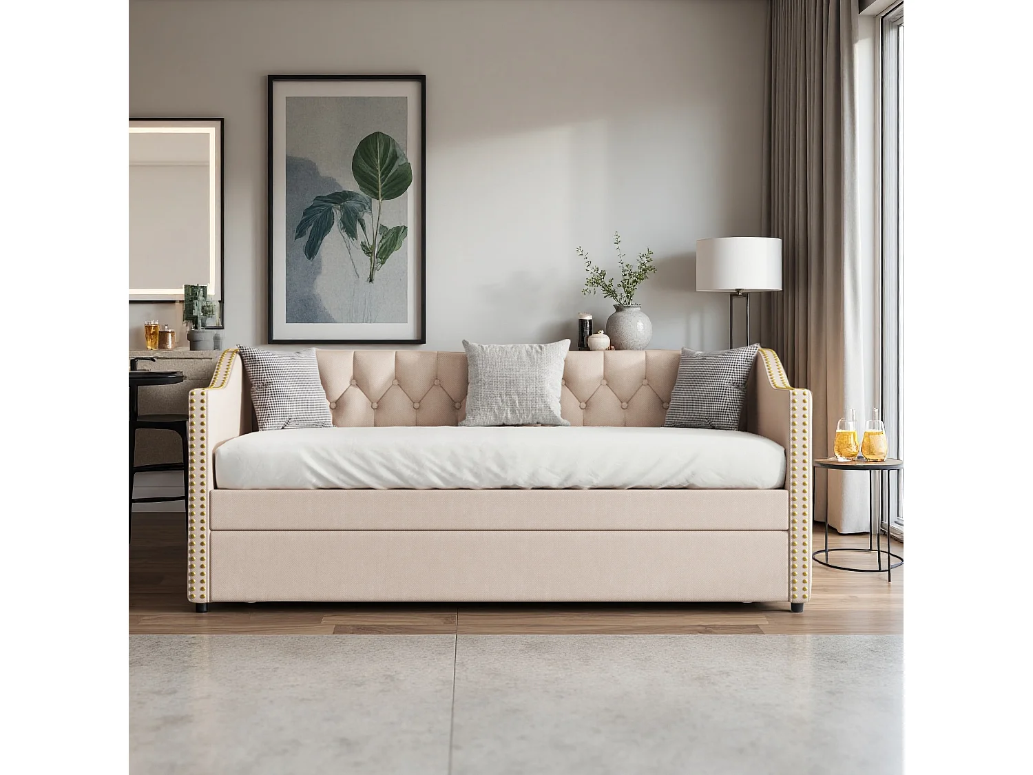 Lit banquette gigogne 90x200 cm avec LED et USB, 2 couchages 90x200 cm, sommiers à lattes, tissu lin beige