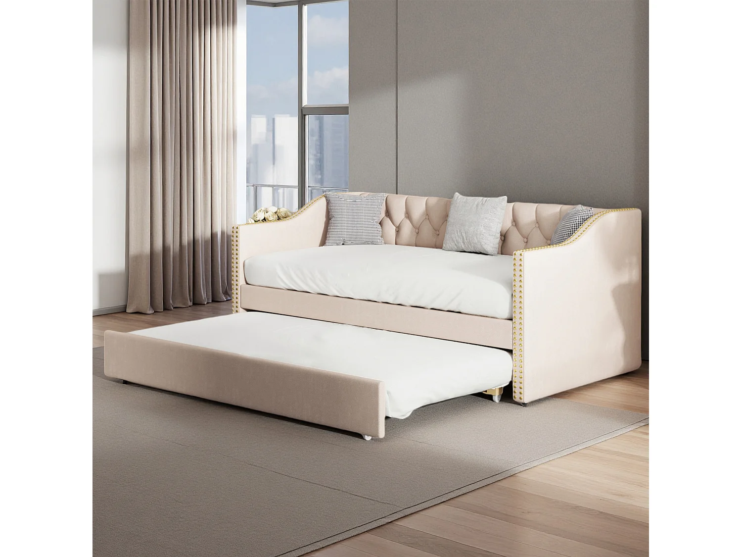 Lit banquette gigogne 90x200 cm avec LED et USB, 2 couchages 90x200 cm, sommiers à lattes, tissu lin beige