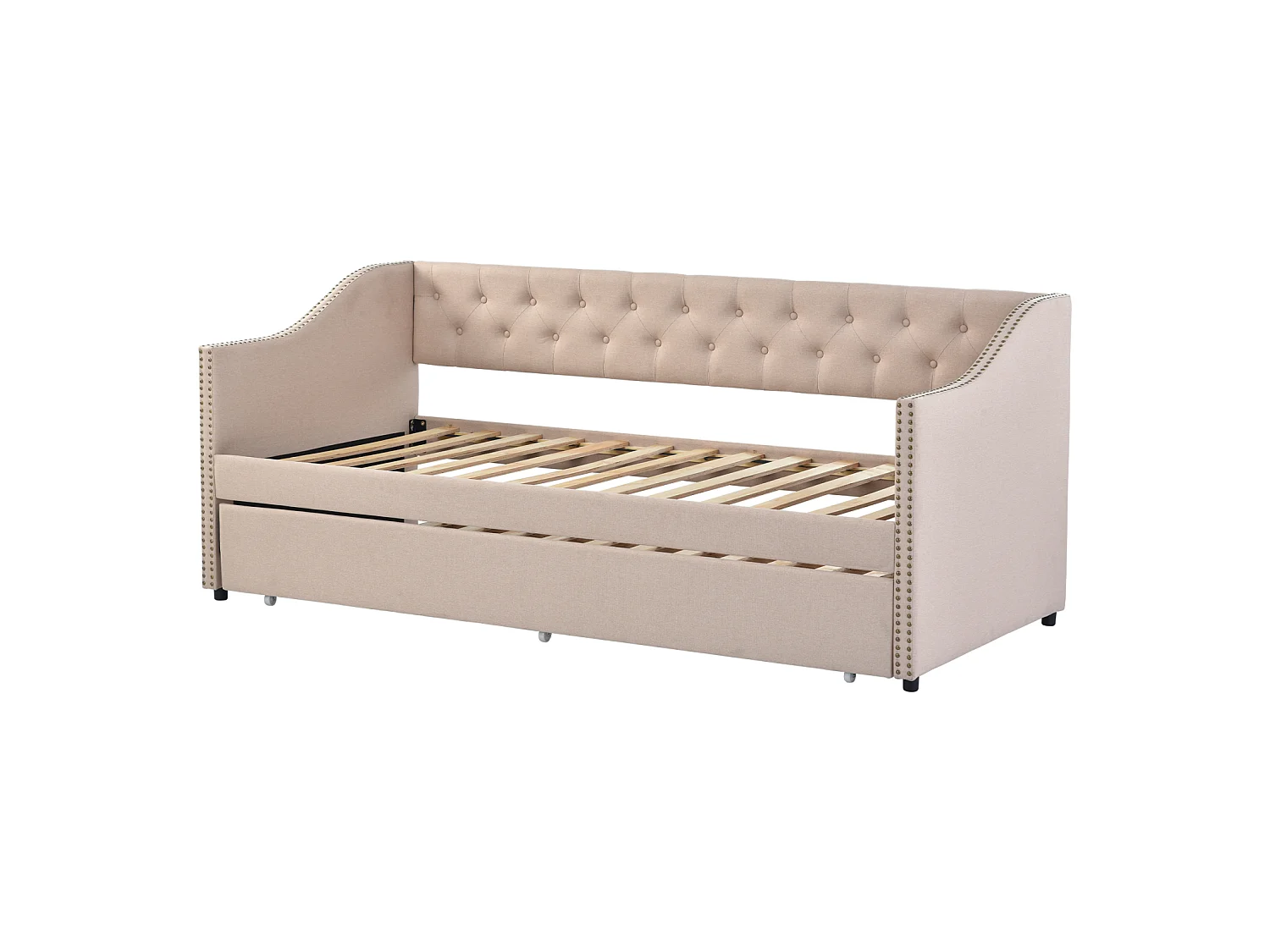 Lit banquette gigogne 90x200 cm avec LED et USB, 2 couchages 90x200 cm, sommiers à lattes, tissu lin beige
