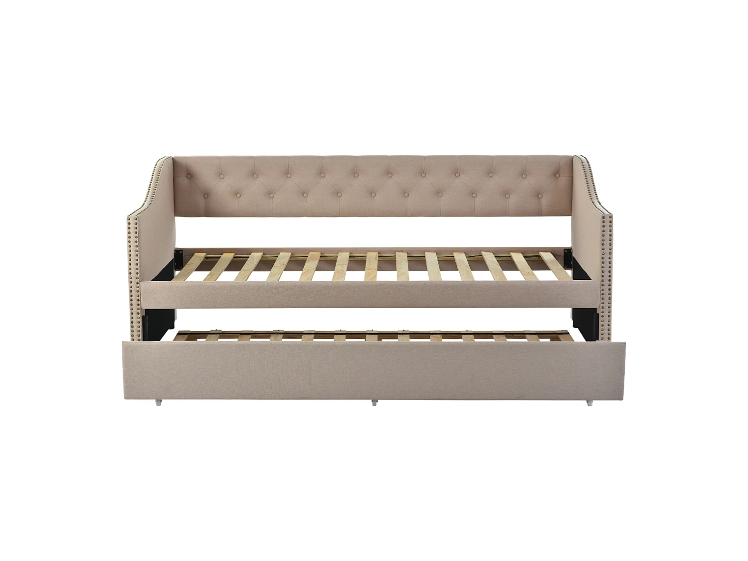 Lit banquette gigogne 90x200 cm avec LED et USB, 2 couchages 90x200 cm, sommiers à lattes, tissu lin beige