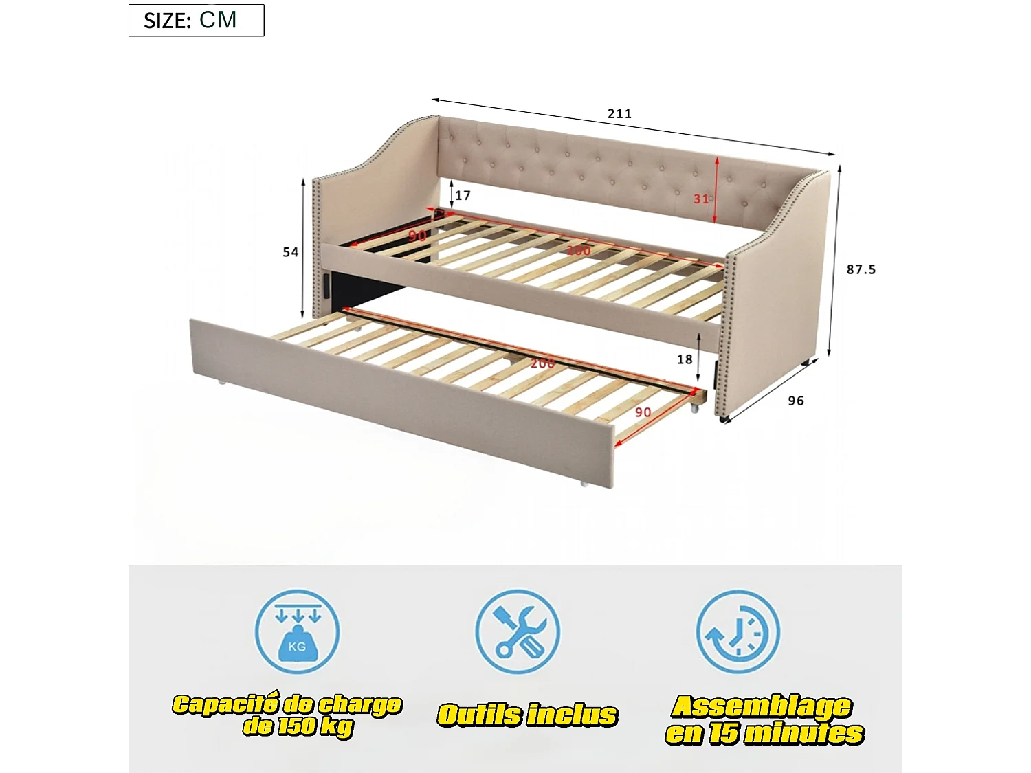 Lit banquette gigogne 90x200 cm avec LED et USB, 2 couchages 90x200 cm, sommiers à lattes, tissu lin beige