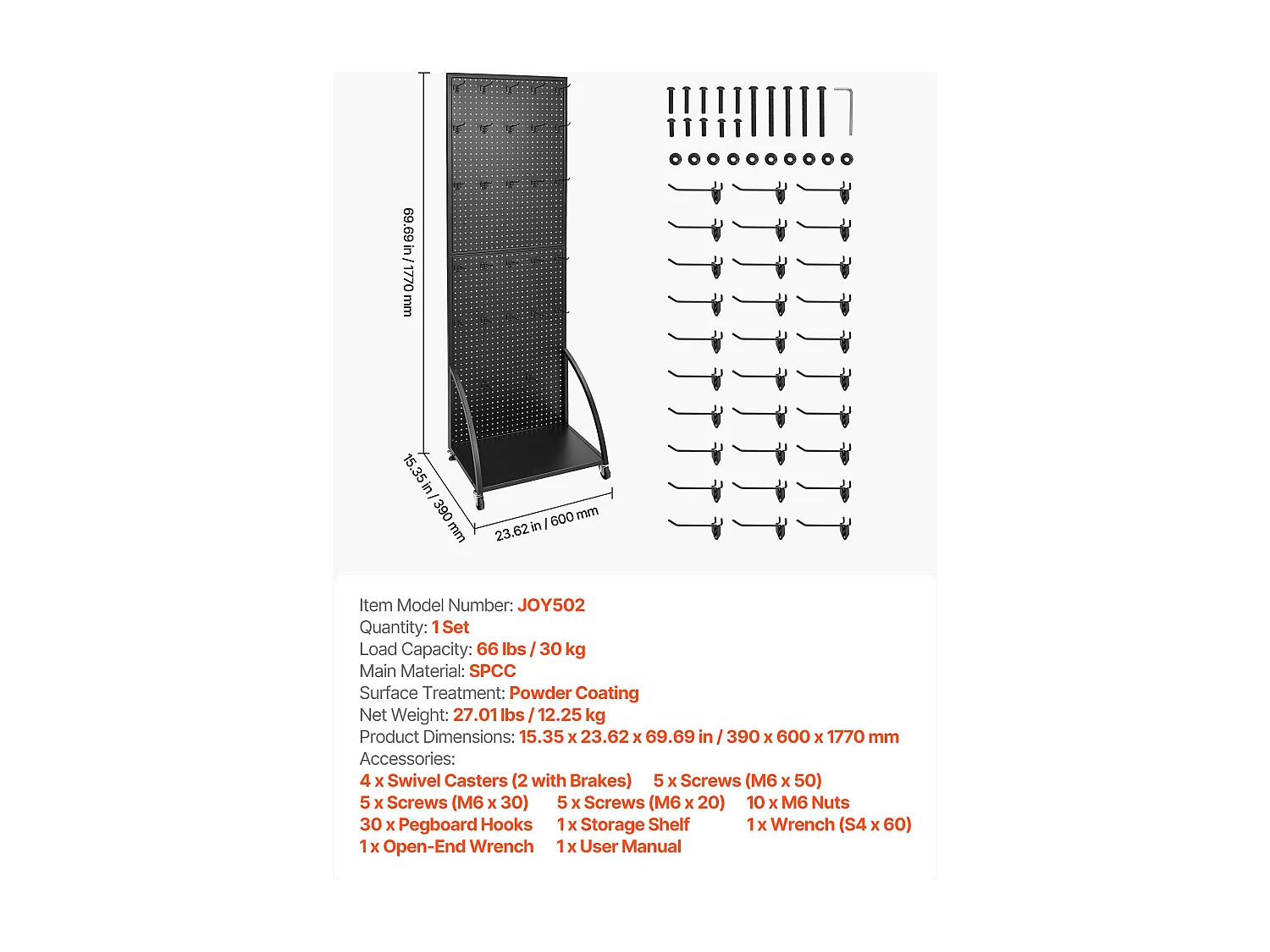 Expositor de Paneles Perforados SucceBuy con Pie, 60 x 177 Cm, con Placa Base con Ruedas, 30 Ganchos, para Tiendas Minoristas, Joyerías, Negro