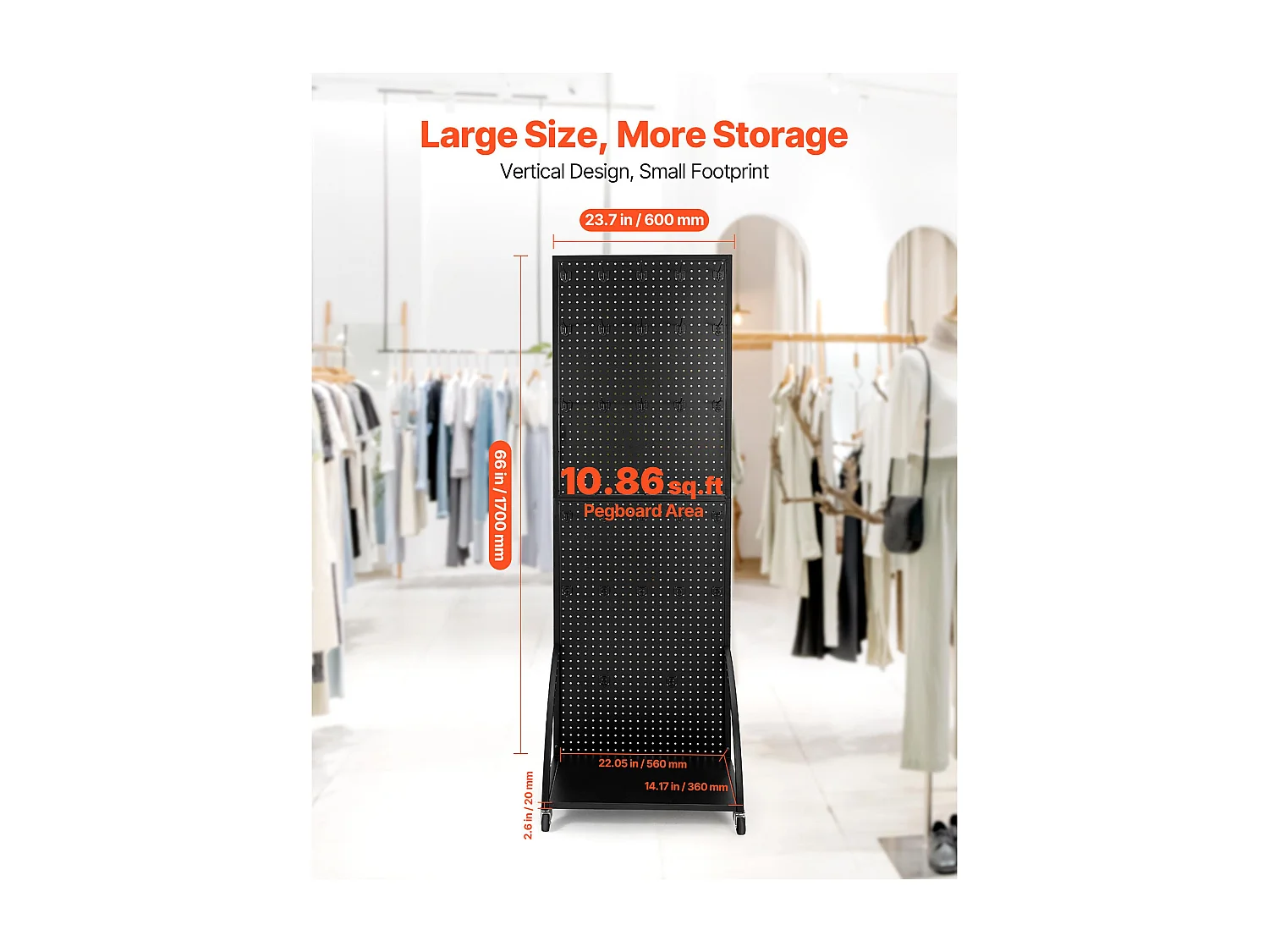 Expositor de Paneles Perforados SucceBuy con Pie, 60 x 177 Cm, con Placa Base con Ruedas, 30 Ganchos, para Tiendas Minoristas, Joyerías, Negro