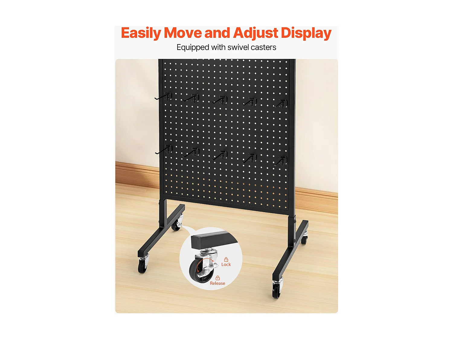Expositor con Paneles Perforados SucceBuy con Pie, 60 x 167 Cm, con Placa Base con Ruedas, 30 Ganchos, para Tiendas Minoristas, Joyería, Negro