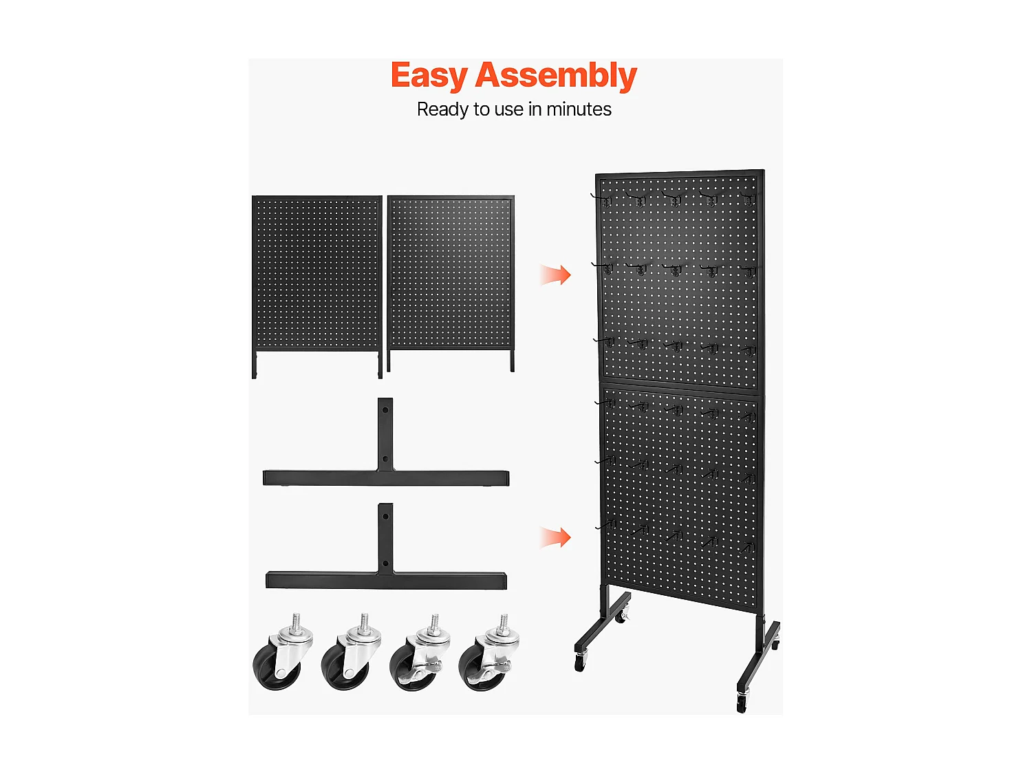 Expositor con Paneles Perforados SucceBuy con Pie, 60 x 167 Cm, con Placa Base con Ruedas, 30 Ganchos, para Tiendas Minoristas, Joyería, Negro