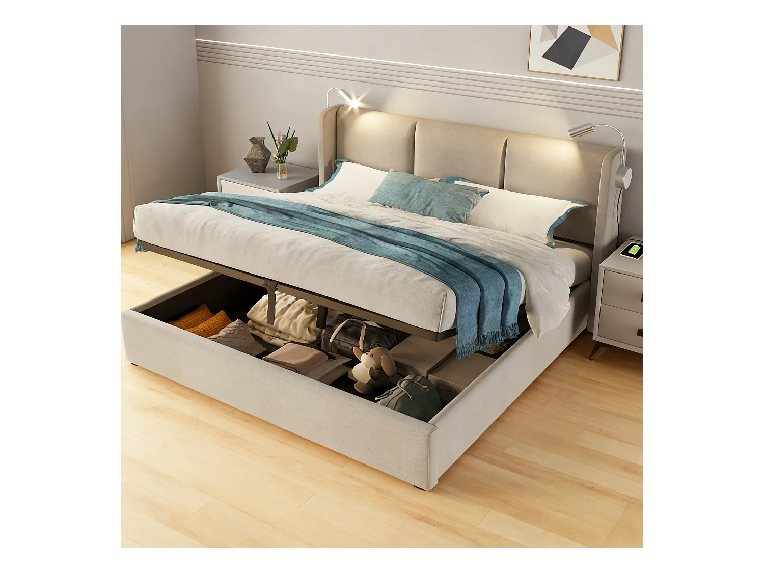 Lit coffre 160x200 cm avec LED et USB - lit adulte 160x200 cm capitonné soldes - cadre de lit double 160x200 cm avec sommier à lattes - tissu en lin - beige