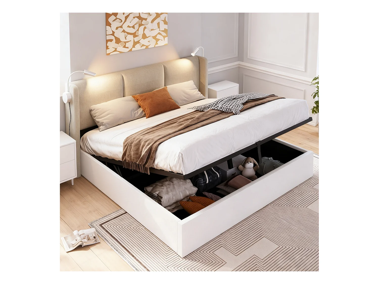 Lit coffre 160x200 cm avec LED et USB - lit adulte 160x200 cm capitonné soldes - cadre de lit double 160x200 cm avec sommier à lattes - tissu en lin - beige