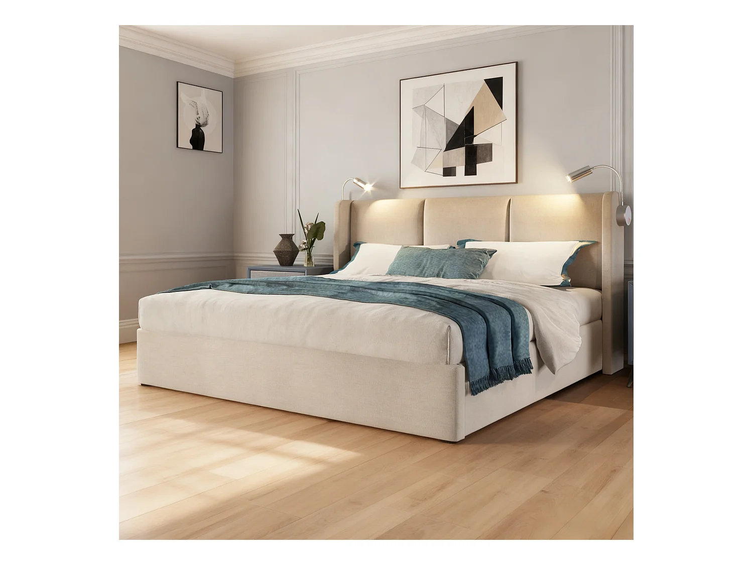 Lit coffre 160x200 cm avec LED et USB - lit adulte 160x200 cm capitonné soldes - cadre de lit double 160x200 cm avec sommier à lattes - tissu en lin - beige