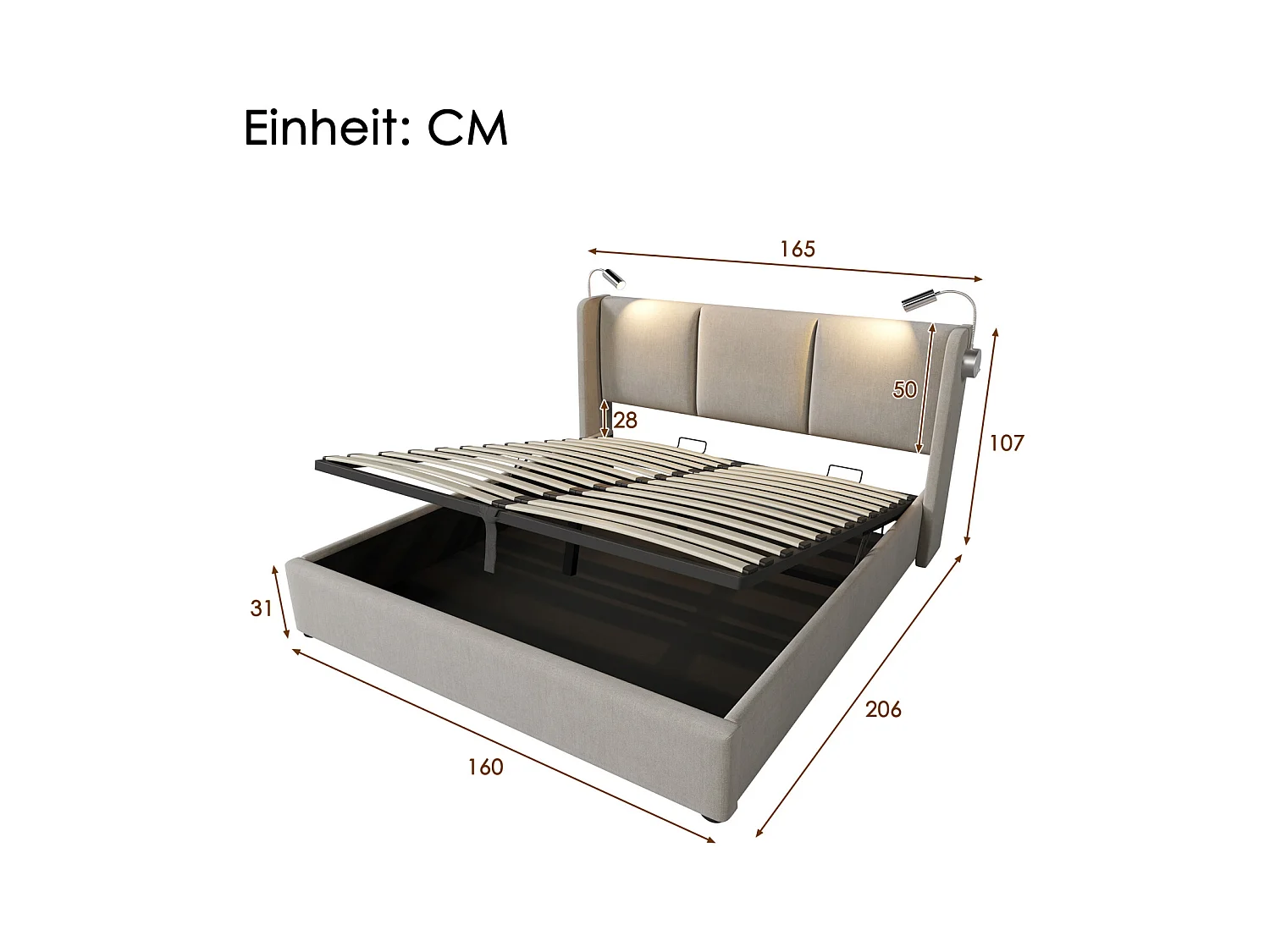 Lit coffre 160x200 cm avec LED et USB - lit adulte 160x200 cm capitonné soldes - cadre de lit double 160x200 cm avec sommier à lattes - tissu en lin - beige