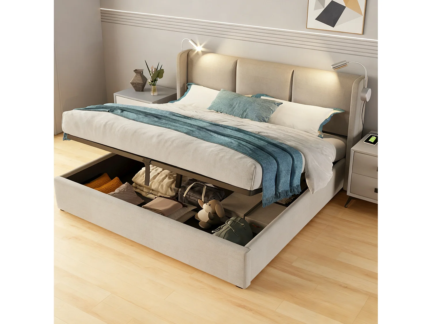 Lit coffre 160x200 cm avec LED et USB - lit adulte 160x200 cm capitonné soldes - cadre de lit double 160x200 cm avec sommier à lattes - tissu en lin - beige