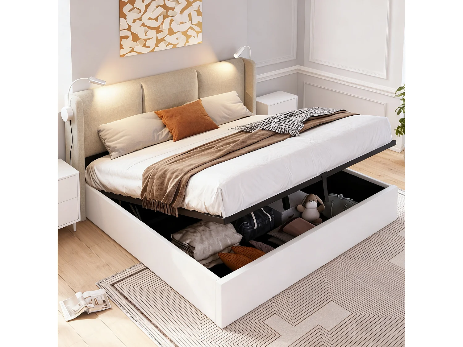Lit coffre 160x200 cm avec LED et USB - lit adulte 160x200 cm capitonné soldes - cadre de lit double 160x200 cm avec sommier à lattes - tissu en lin - beige