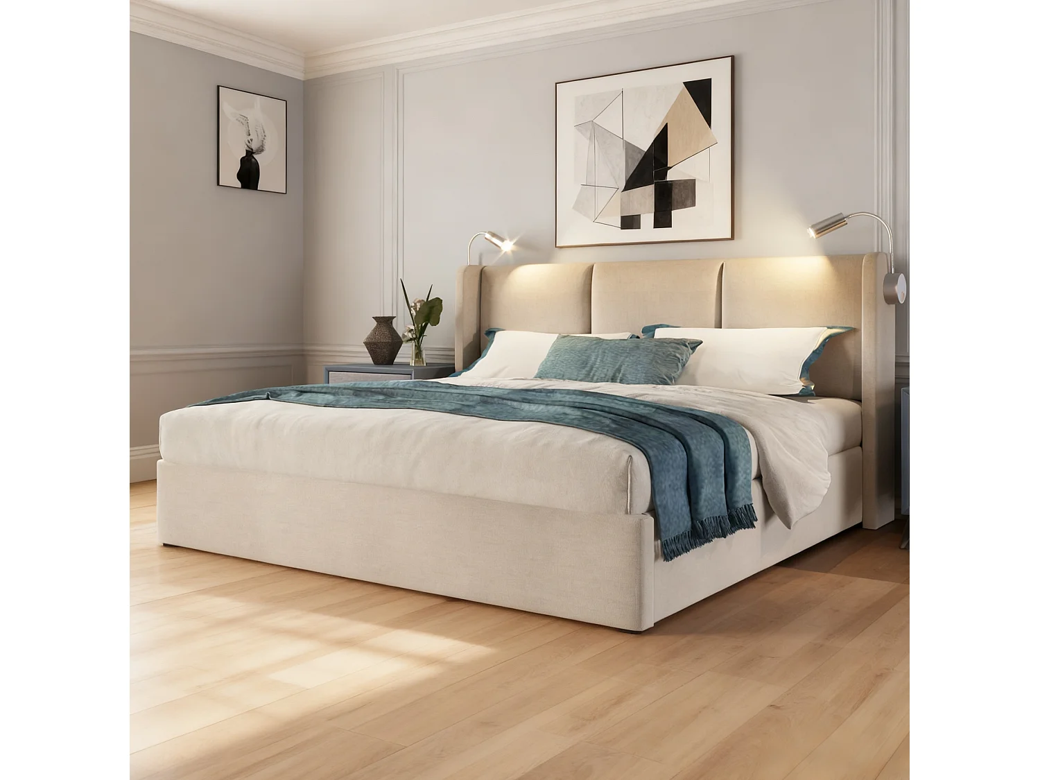 Lit coffre 160x200 cm avec LED et USB - lit adulte 160x200 cm capitonné soldes - cadre de lit double 160x200 cm avec sommier à lattes - tissu en lin - beige