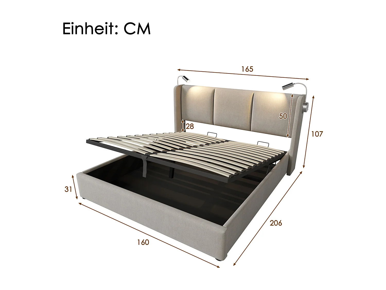 Lit coffre 160x200 cm avec LED et USB - lit adulte 160x200 cm capitonné soldes - cadre de lit double 160x200 cm avec sommier à lattes - tissu en lin - beige
