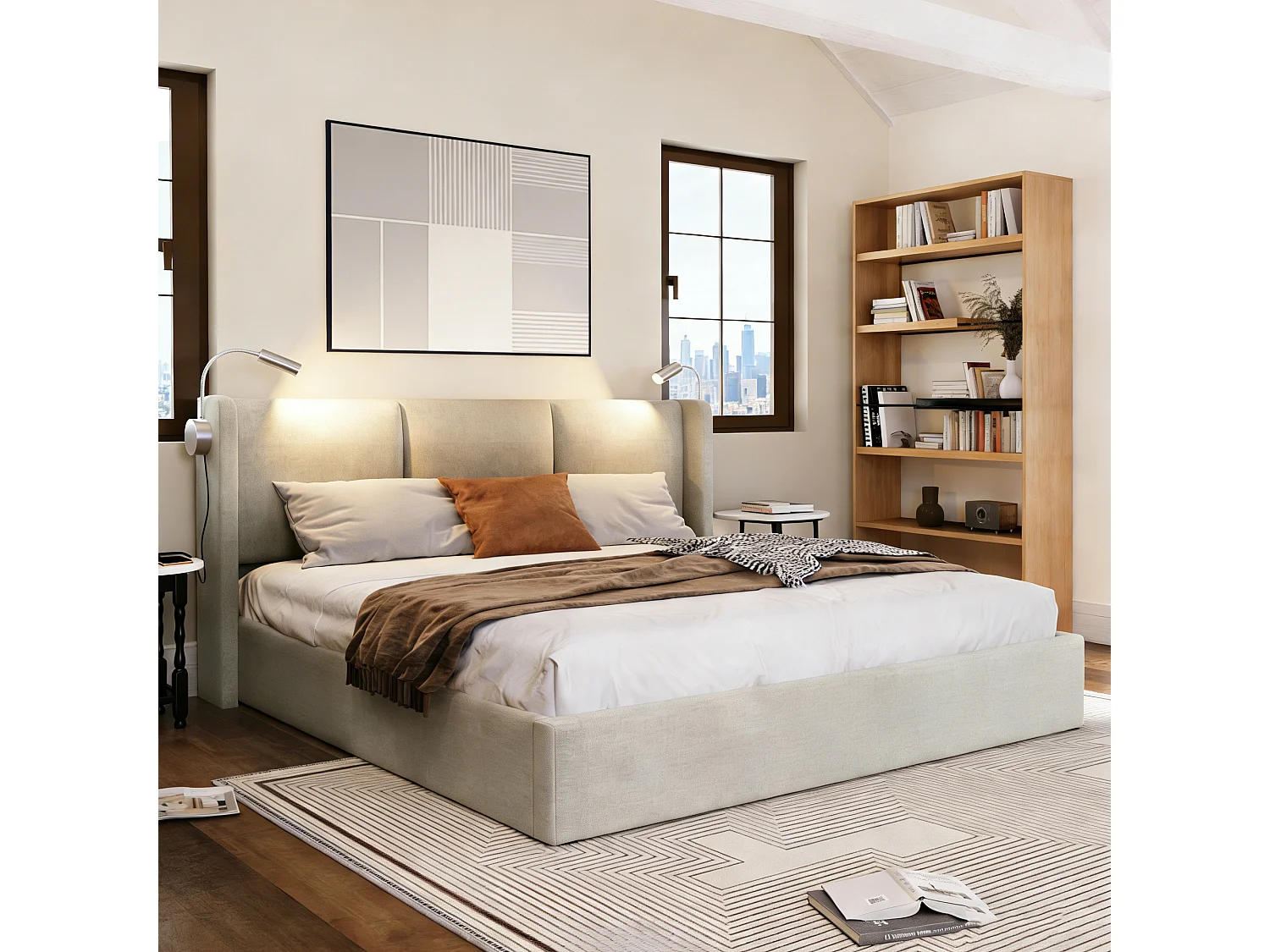 Lit coffre 160x200 cm avec LED et USB - lit adulte 160x200 cm capitonné soldes - cadre de lit double 160x200 cm avec sommier à lattes - tissu en lin - beige