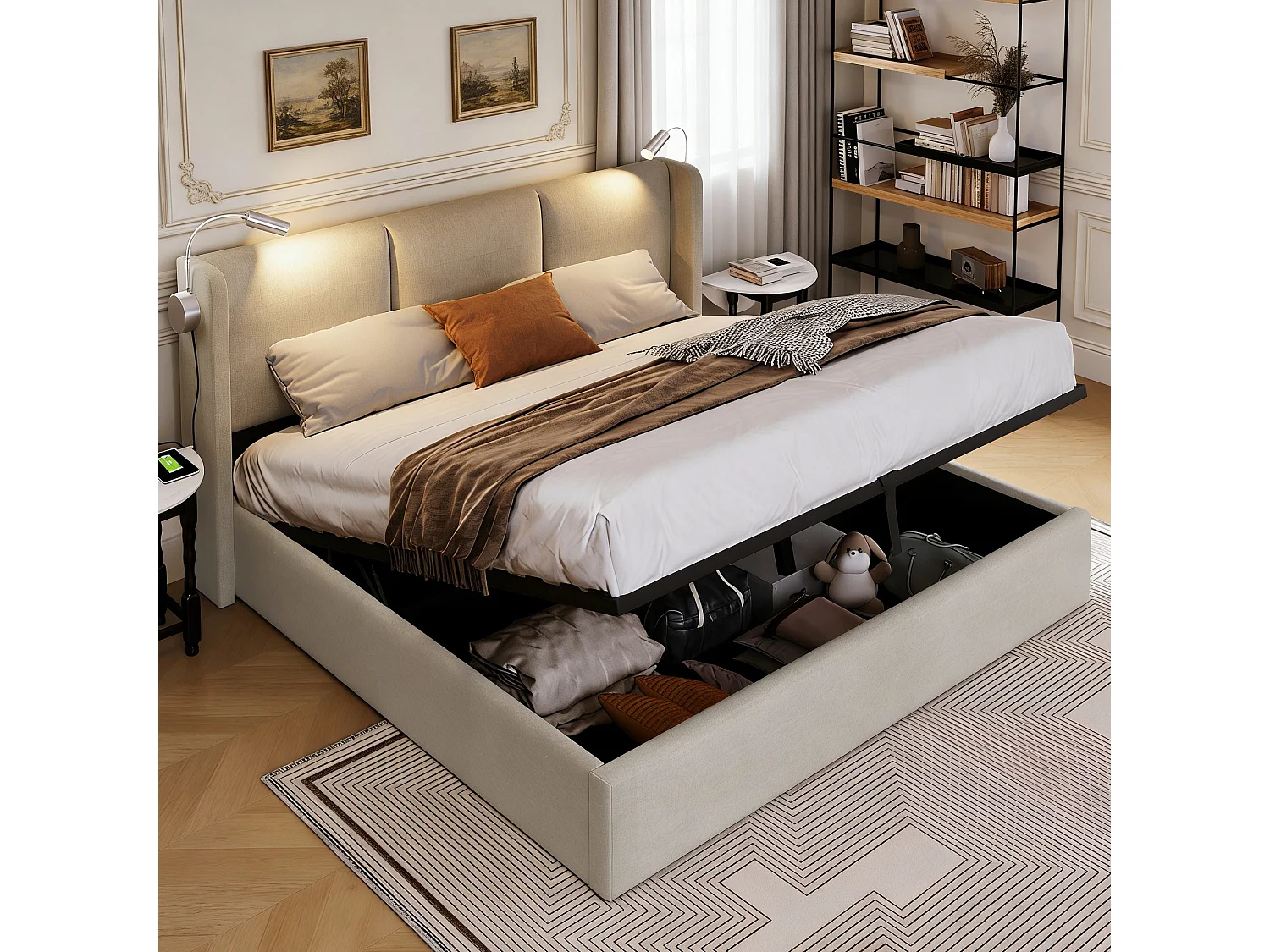 Lit coffre 160x200 cm avec LED et USB - lit adulte 160x200 cm capitonné soldes - cadre de lit double 160x200 cm avec sommier à lattes - tissu en lin - beige